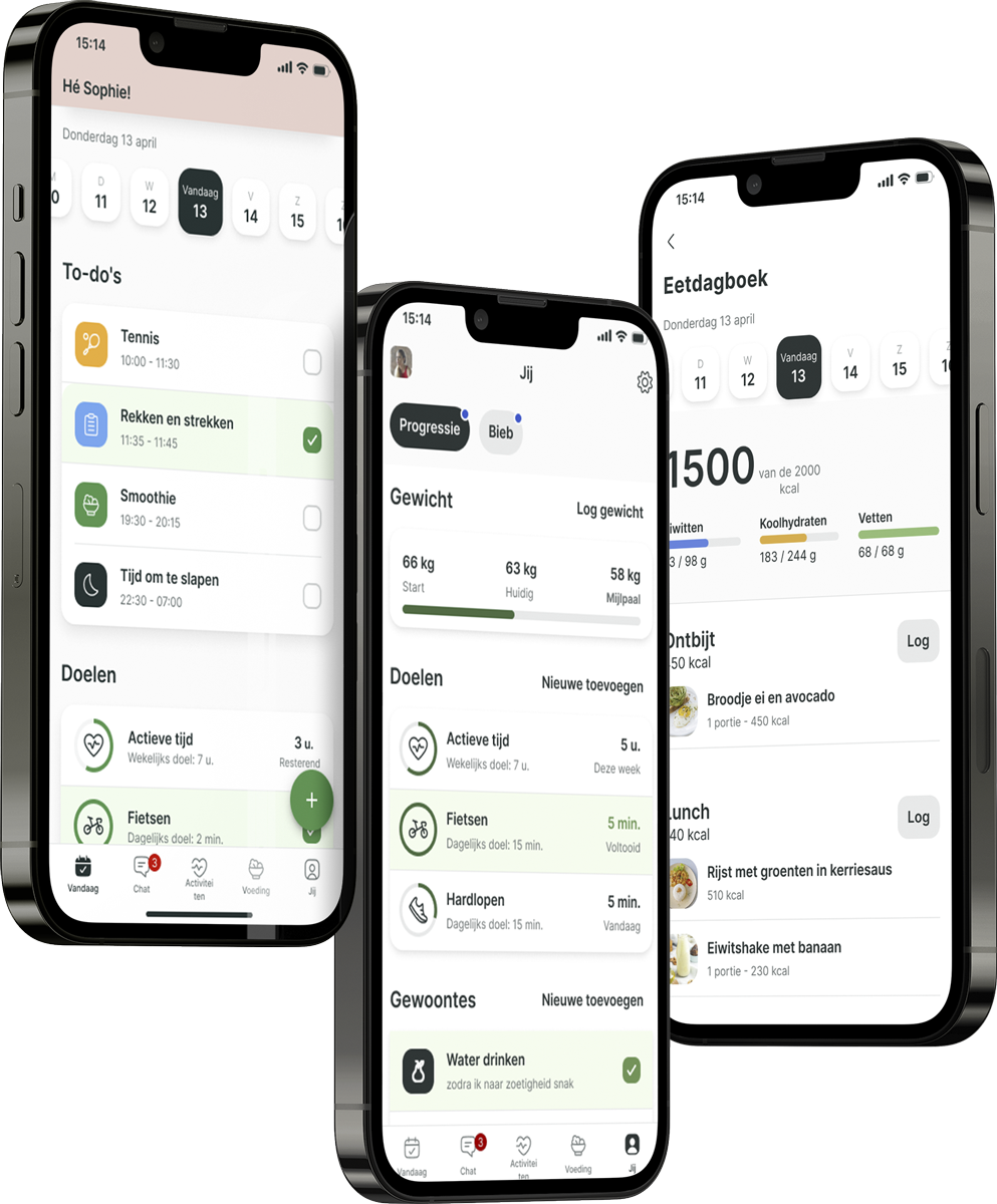 Een mockup van de coaching app die de functies laat zien.